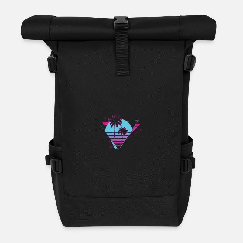 Neon Palm Trees Retro Scene - Roll Top Backpack - black