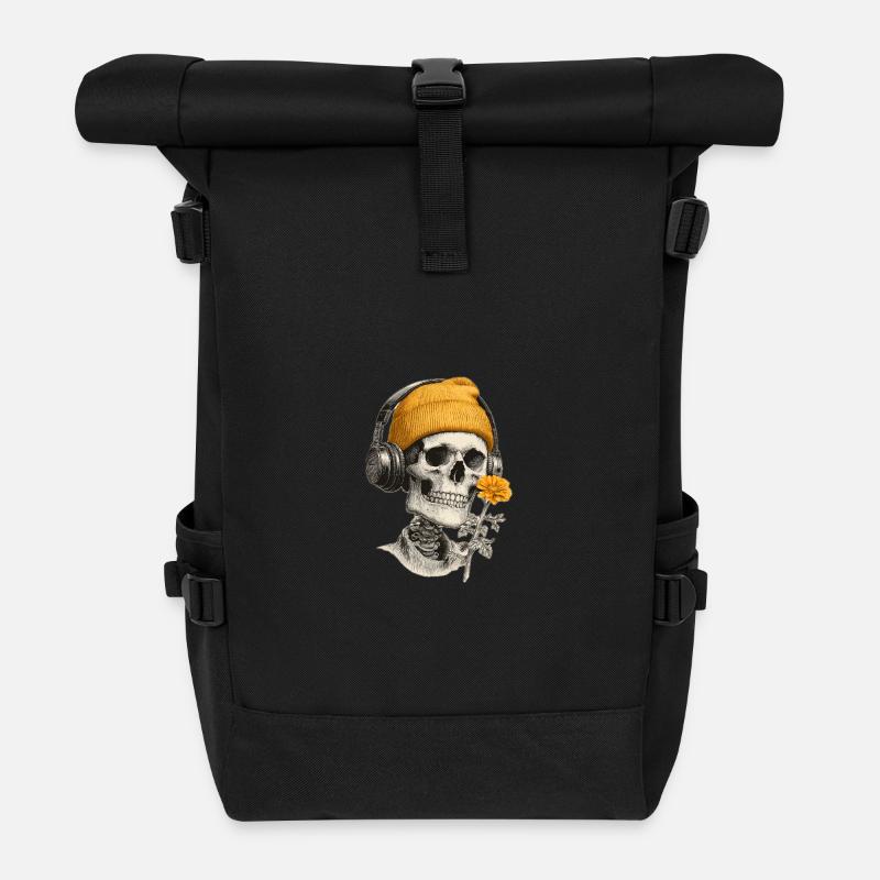 Schädel mit Gelber Mütze und Kopfhörern - Rolltop Rucksack - Schwarz
