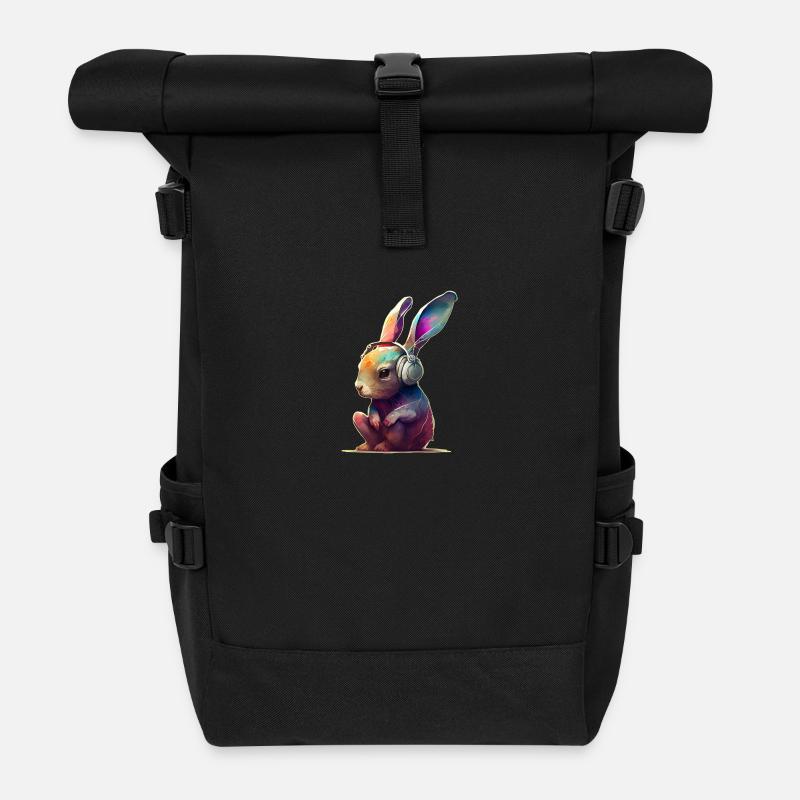 Hase mit Kopfhörern DJ - Rolltop Rucksack - Schwarz