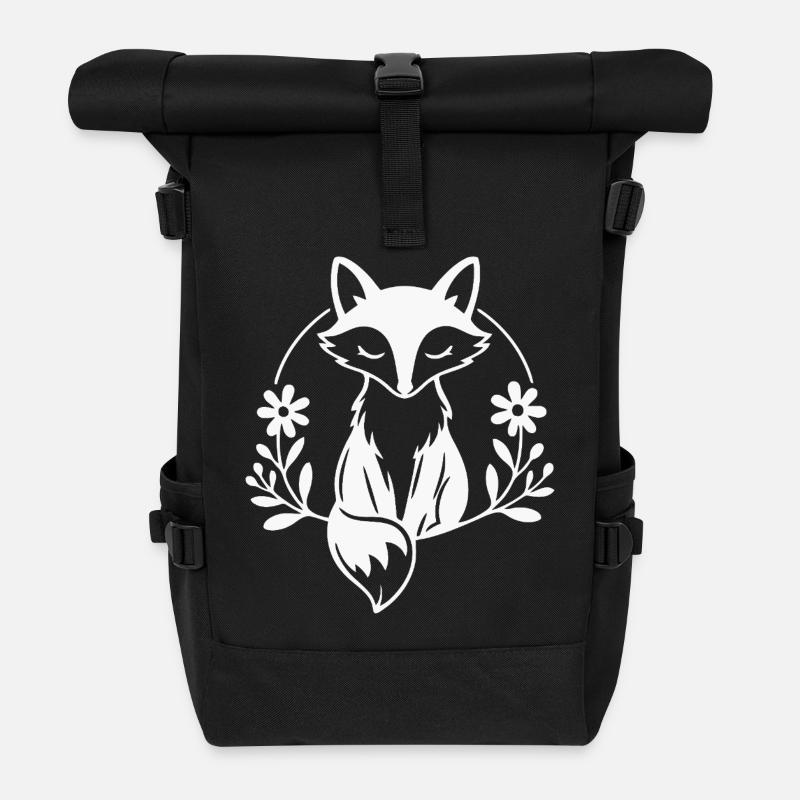 Serene Fox with Floral Wreath Nature Line Art - Roll Top Backpack - black