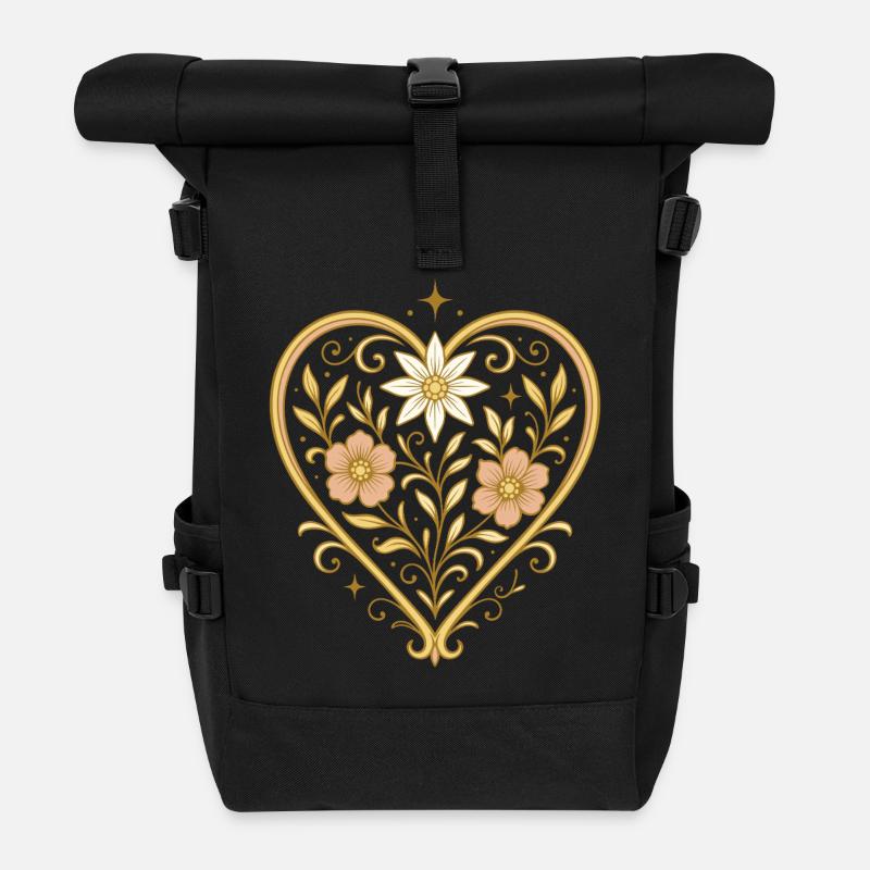 Blumenherz mit Edelweiß - Rolltop Rucksack - Schwarz