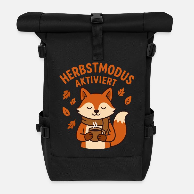 Autumn Mode Enabled | Fox with coffee cup - Roll Top Backpack - black