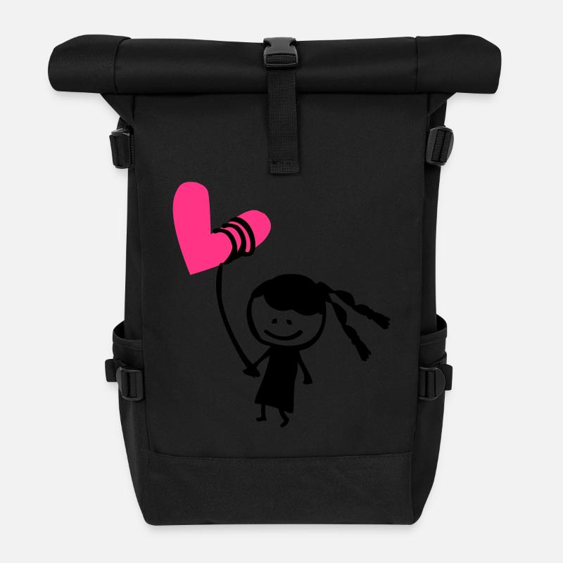 Kleines Mädchen mit Herzballon - Rolltop Rucksack - Schwarz