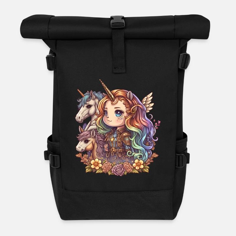00258 Mädchen mit Regenbogenhaaren und Einhorn - Rolltop Rucksack - Schwarz