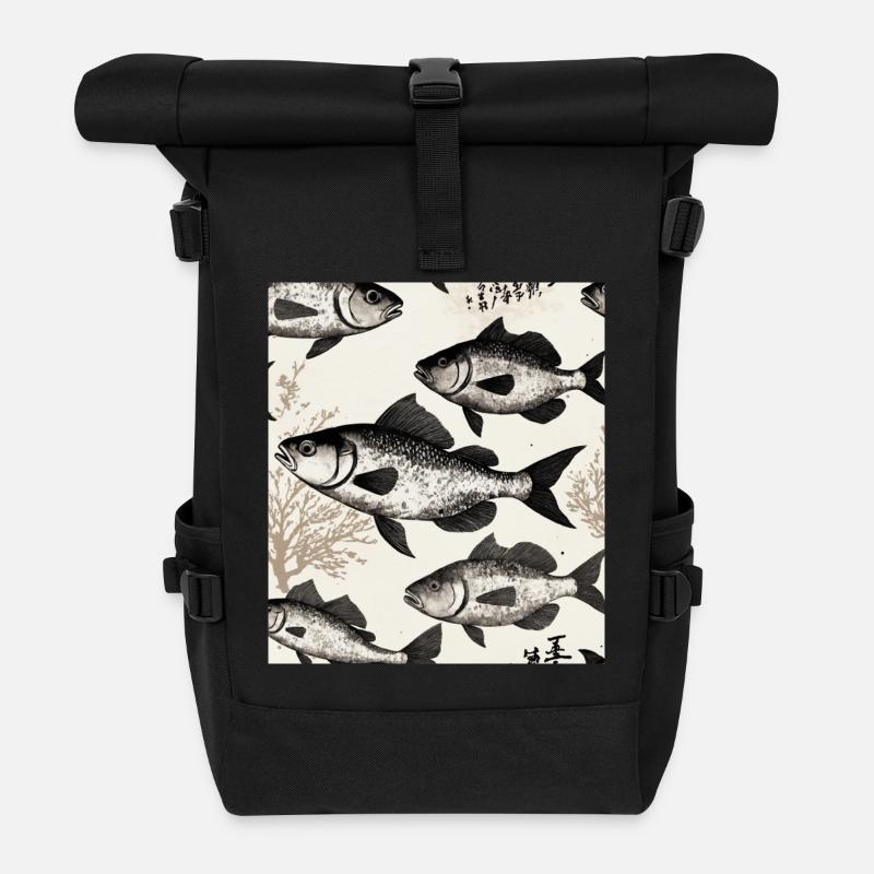 Fischzeichnung im japanischen Stil - Rolltop Rucksack - Schwarz