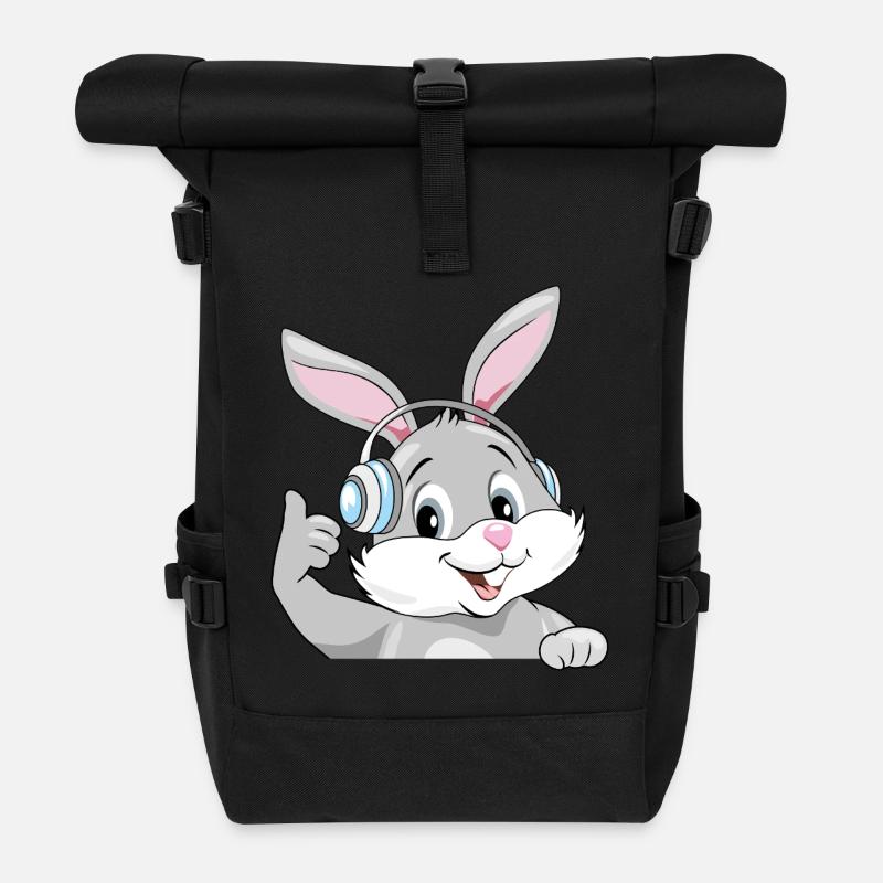 Lächelnder zufriedener Hase mit Kopfhörern - Rolltop Rucksack - Schwarz