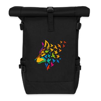 Tête de loup colorée avec des oiseaux volants - Sac à dos roll top - noir - Devant