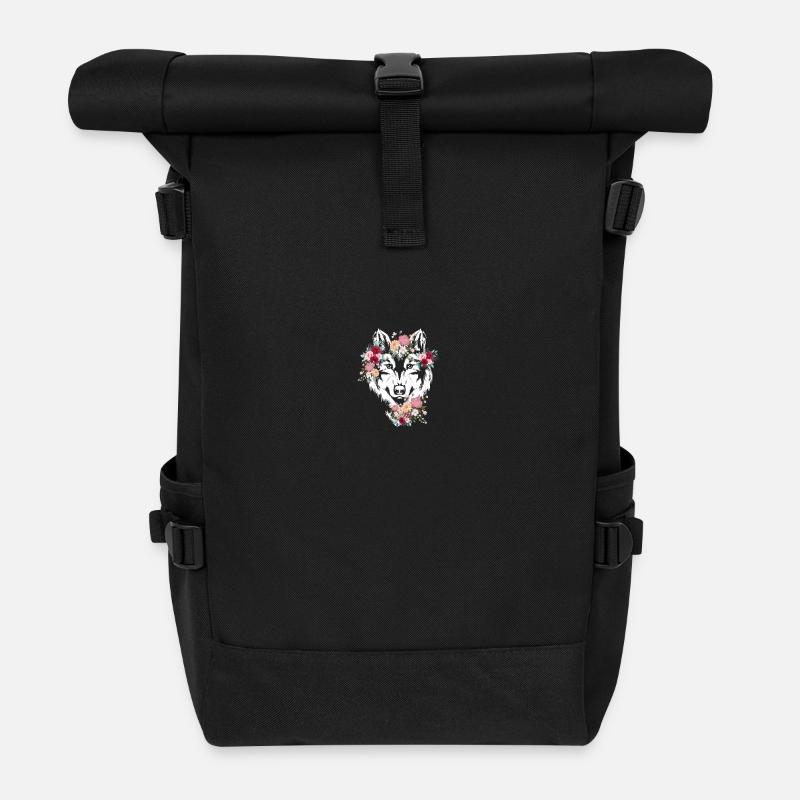 Wolf Wolfskopf Blumen Deko - Rolltop Rucksack - Schwarz