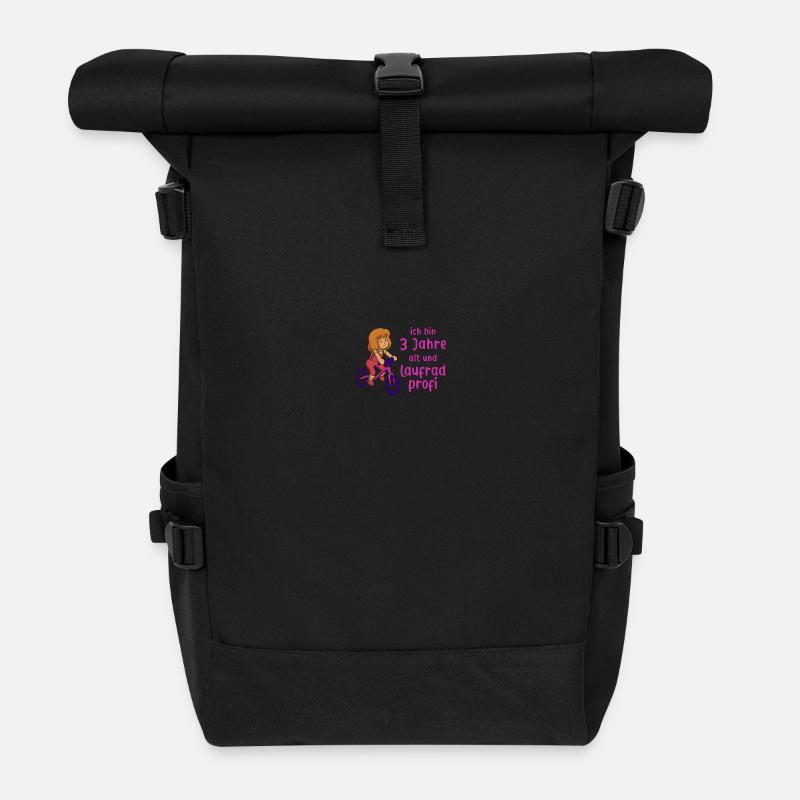 Mädchen 3 Jahre alt und Profi auf dem Laufrad - Rolltop Rucksack - Schwarz