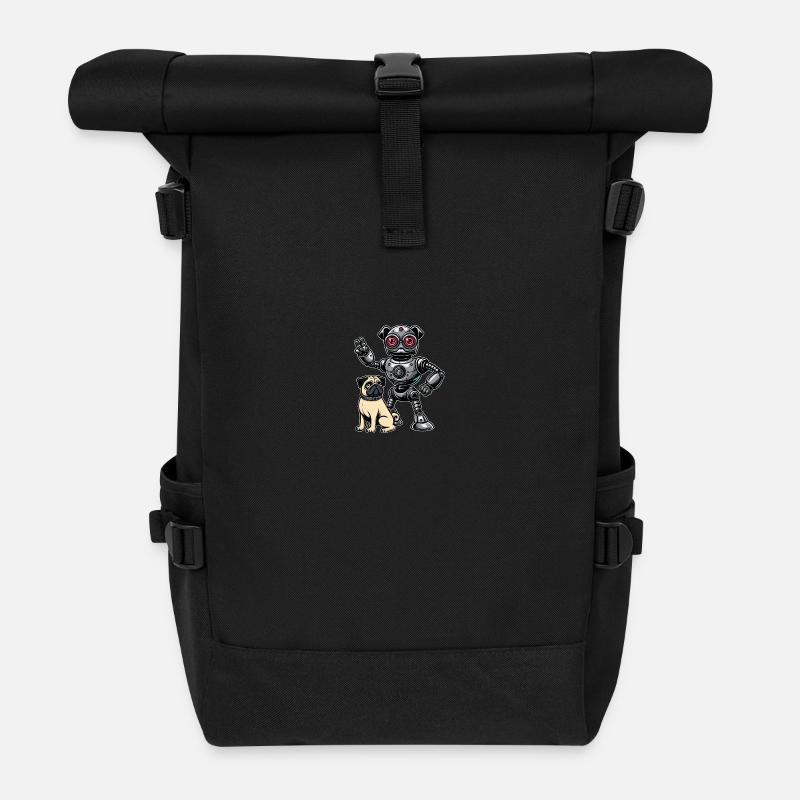 Mops Roboter und Herrchen Freunde - Rolltop Rucksack - Schwarz