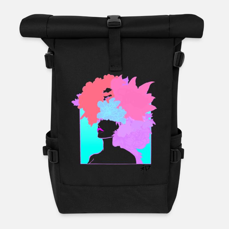 Blue floral portrait - Roll Top Backpack - black