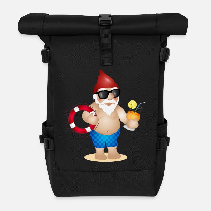 Nain de jardin avec maillot de bain, bouée de sauvetage et boisson - Sac à dos roll top - noir