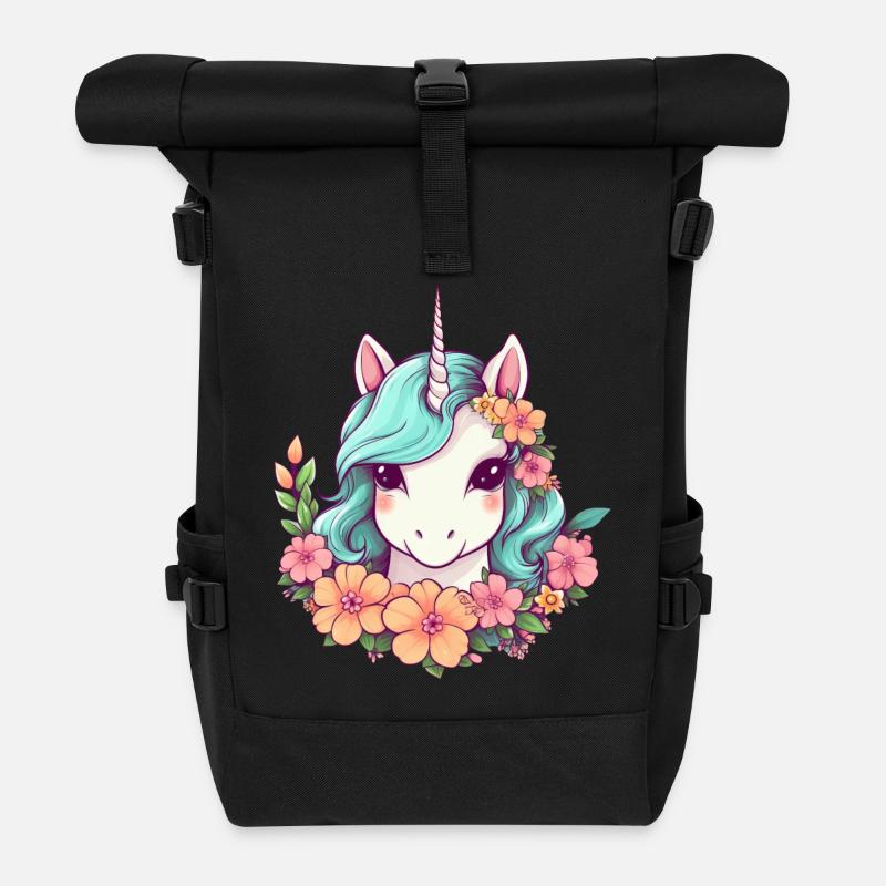 Einhorn mit Blumen - Eleganter Stil Design - Rolltop Rucksack - Schwarz