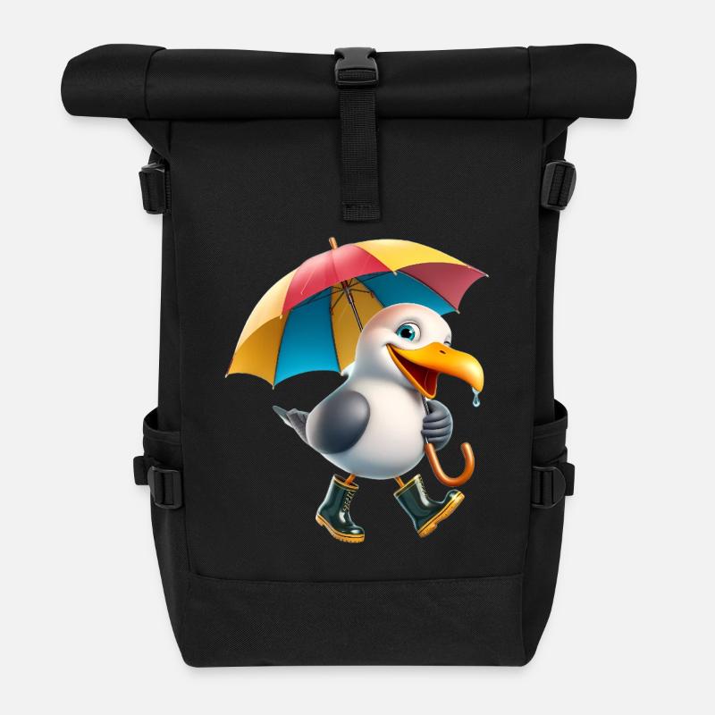 Verspielter Möwen-Charakter mit Regenschirm - Rolltop Rucksack - Schwarz