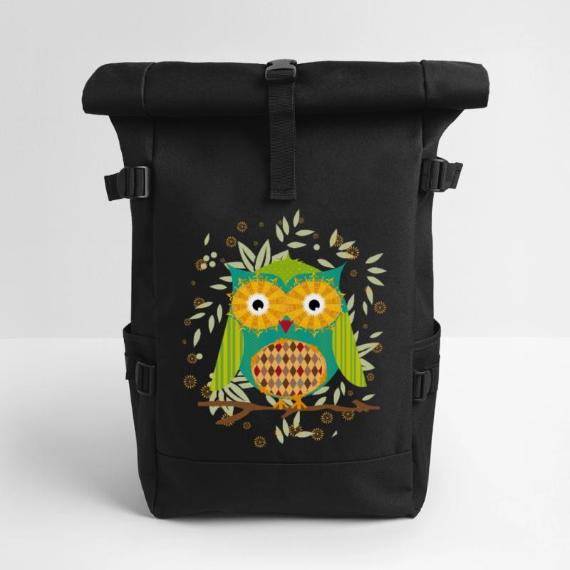 Artfully designed owl with patchwork pattern Roll Top Backpack