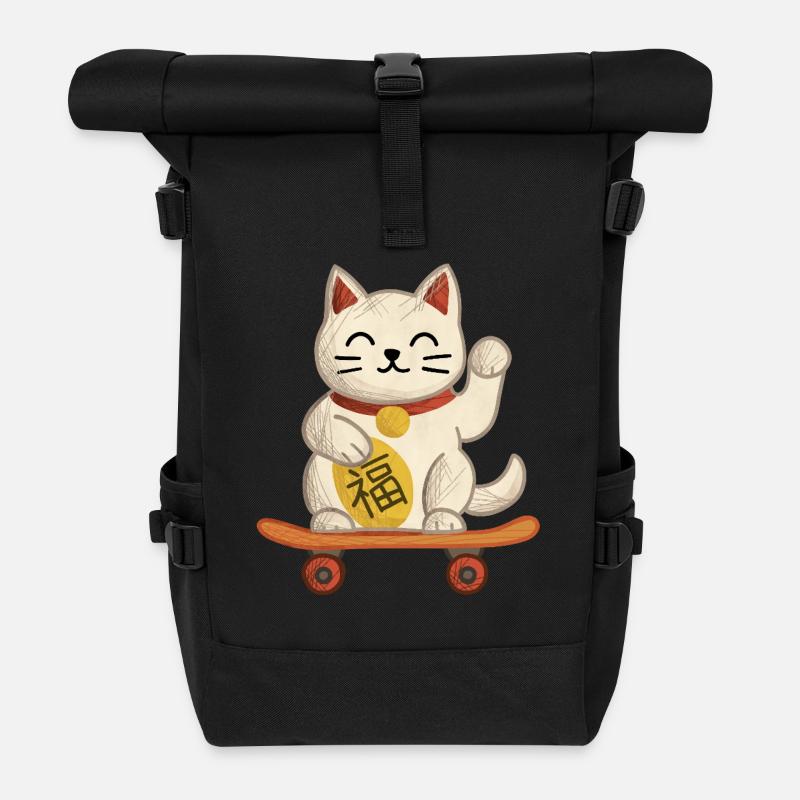 Maneki-neko Katzen-Skateboard - Rolltop Rucksack - Schwarz