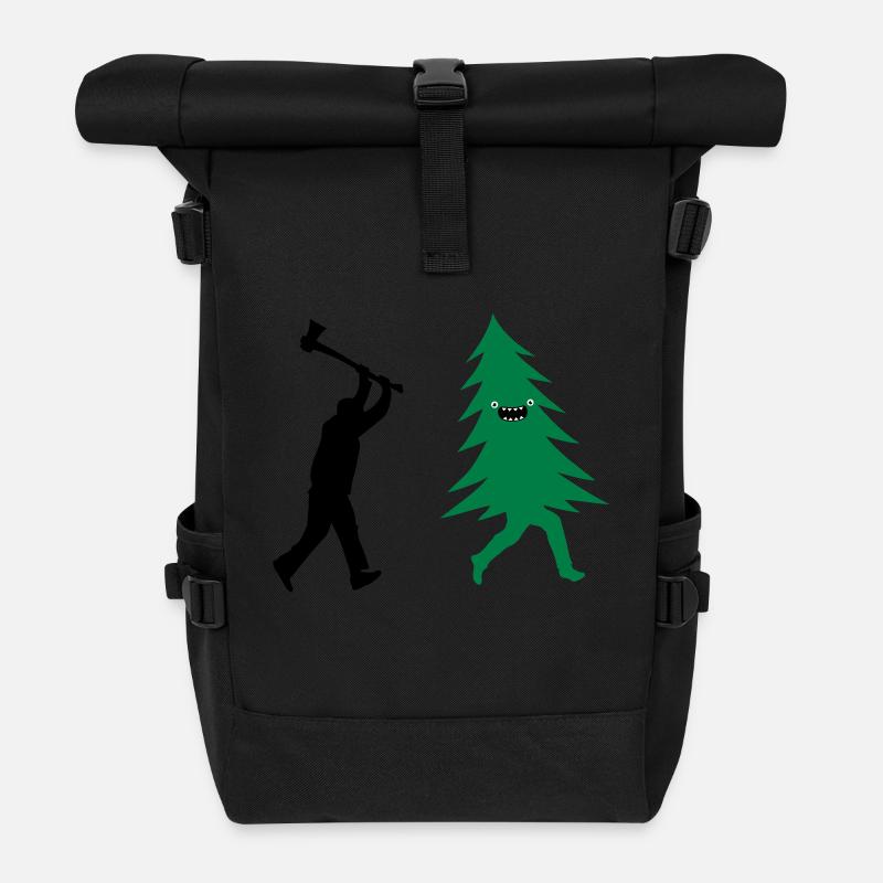 Funny Christmas tree is chased by Lumberjack - Roll Top Backpack - black