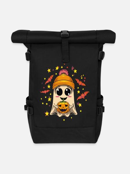 Cheerful ghost with Halloween flair - Roll Top Backpack - black