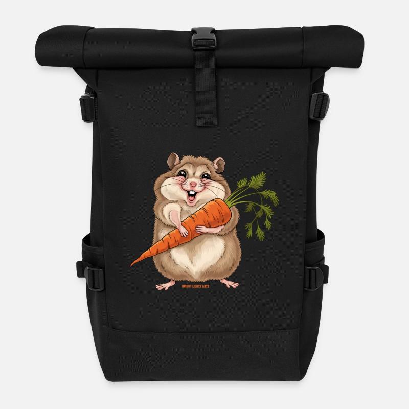 Fröhlicher Hamster mit Möhre - Rolltop Rucksack - Schwarz