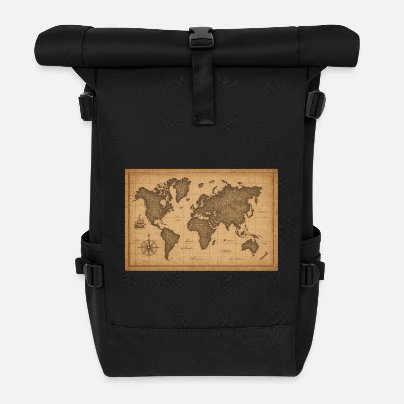 Vintage World Map Sepia Nautical - Roll Top Backpack - black