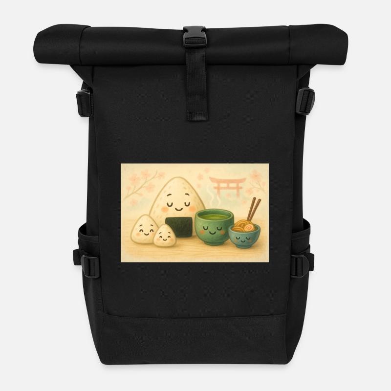 Kawaii Reisbällchen mit Tee Torii - Rolltop Rucksack - Schwarz