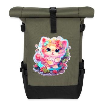 Cat - illustration - Roll Top Backpack - olive/black - Front