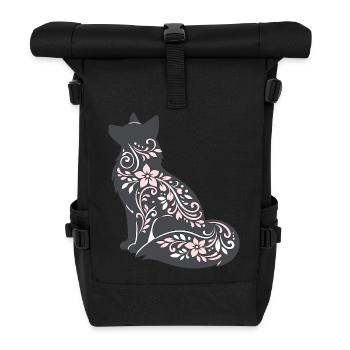 Blumenverzierte Katzen-Silhouette - Rolltop Rucksack - Schwarz - Vorne