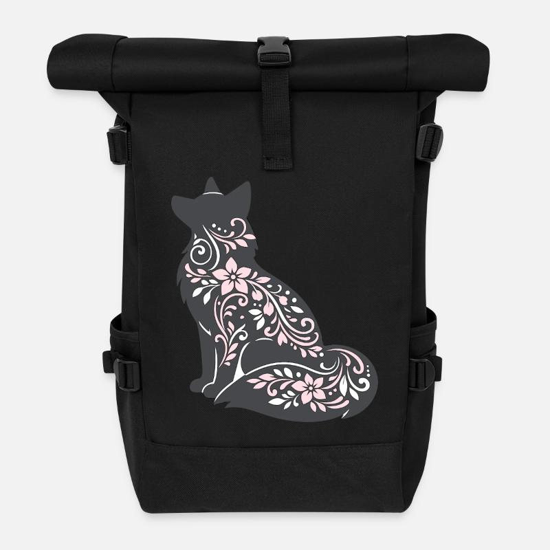 Floral Decorated Cat Silhouette - Roll Top Backpack - black