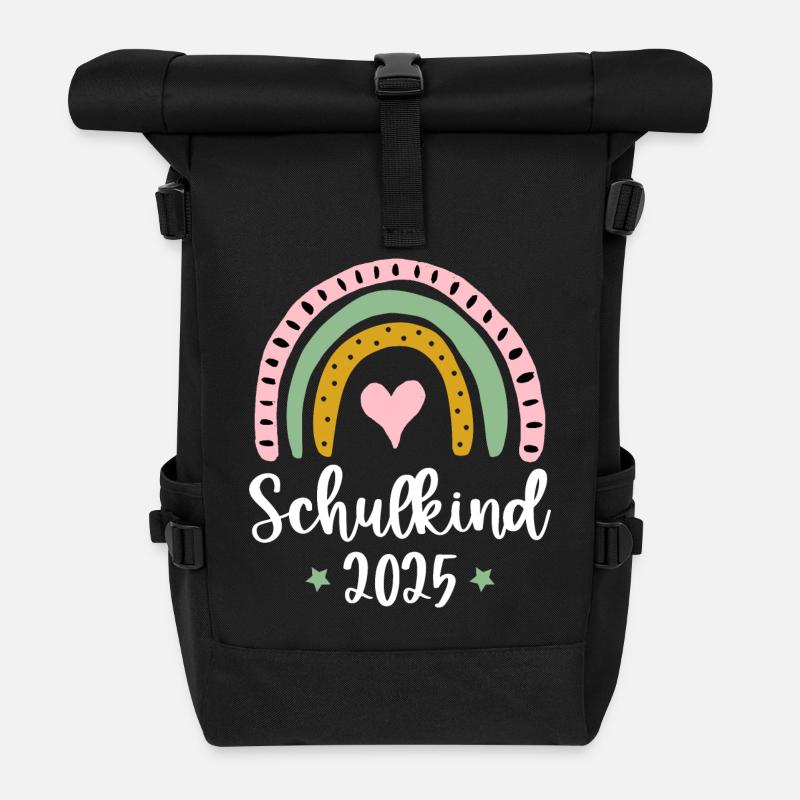 Schulkind 2025 Einschulung Mädchen Regenbogen - Rolltop Rucksack - Schwarz