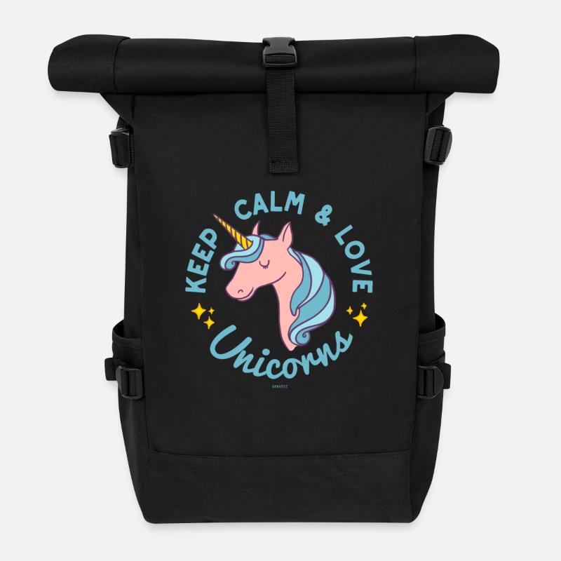 Keep Calm and Love Unicorns Blue Tshirt - Rolltop Rucksack - Schwarz