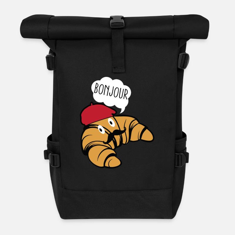 Bonjour Croissant mit Schnurrbart und Mütze Hut Essen - Rolltop Rucksack - Schwarz