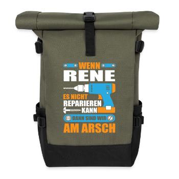 RENE Name Geschenk Reparatur reparieren - Rolltop Rucksack - Olive/Schwarz - Vorne