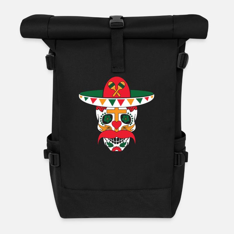 Mexikanischer Zuckerschädel mit Sombrero und dem Schnurrbart - Rolltop Rucksack - Schwarz