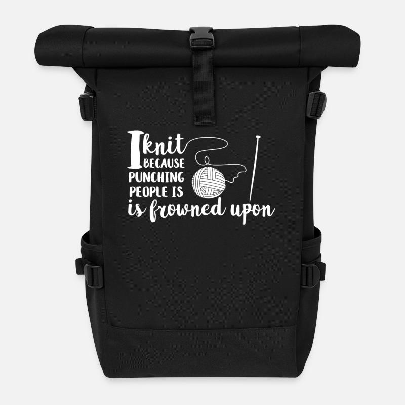 Stricken - Strickerei - Stricknadeln - Handarbeit - Rolltop Rucksack - Schwarz