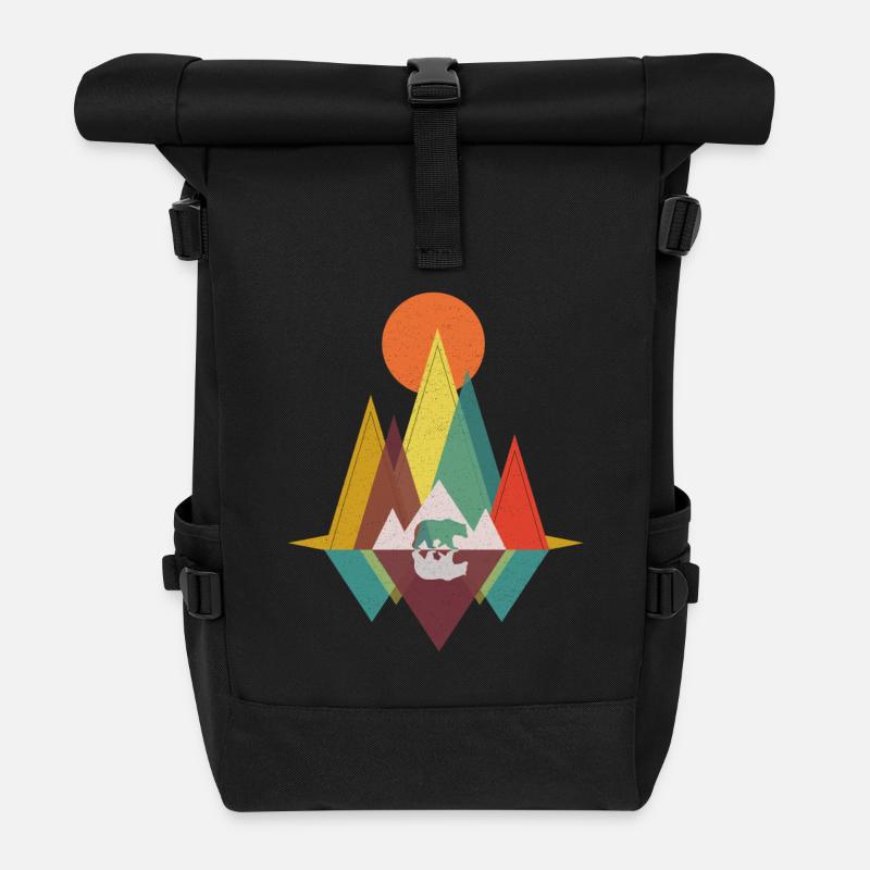 Geometric Mountains - Bear Gift - Roll Top Backpack - black