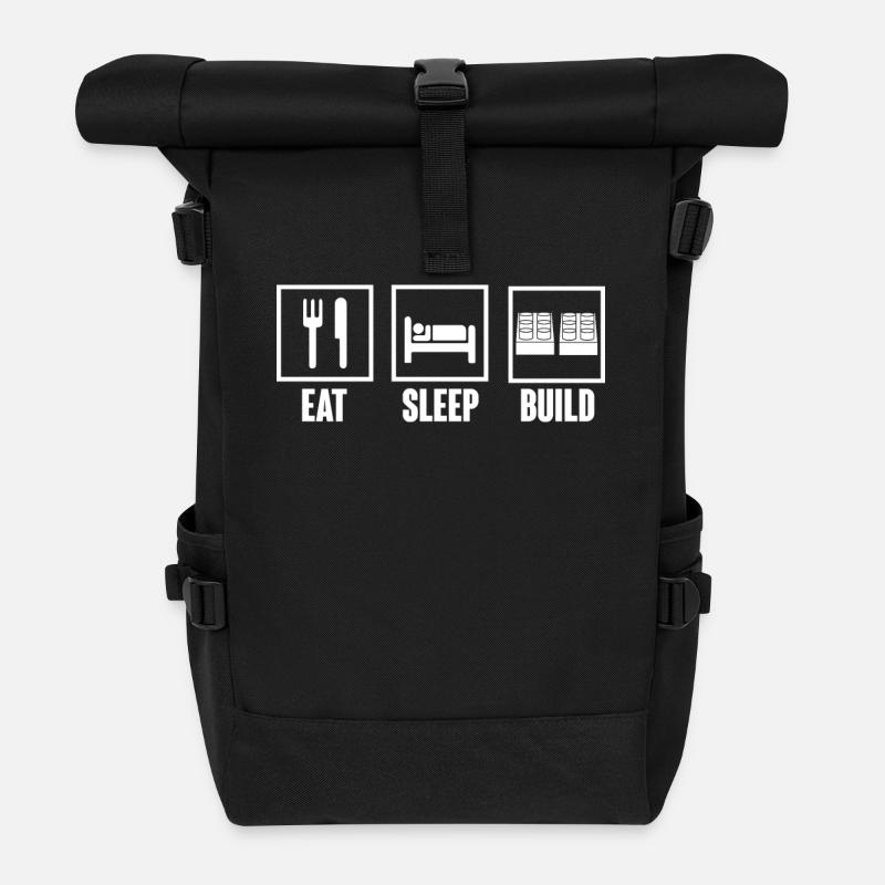 Essen - Schlafen - Bauen - Baustein - Geschenk - Rolltop Rucksack - Schwarz