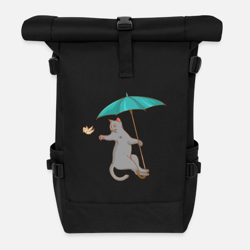 Katze mit Schirm - Vogel - Kätzchen - Geschenk - Rolltop Rucksack - Schwarz