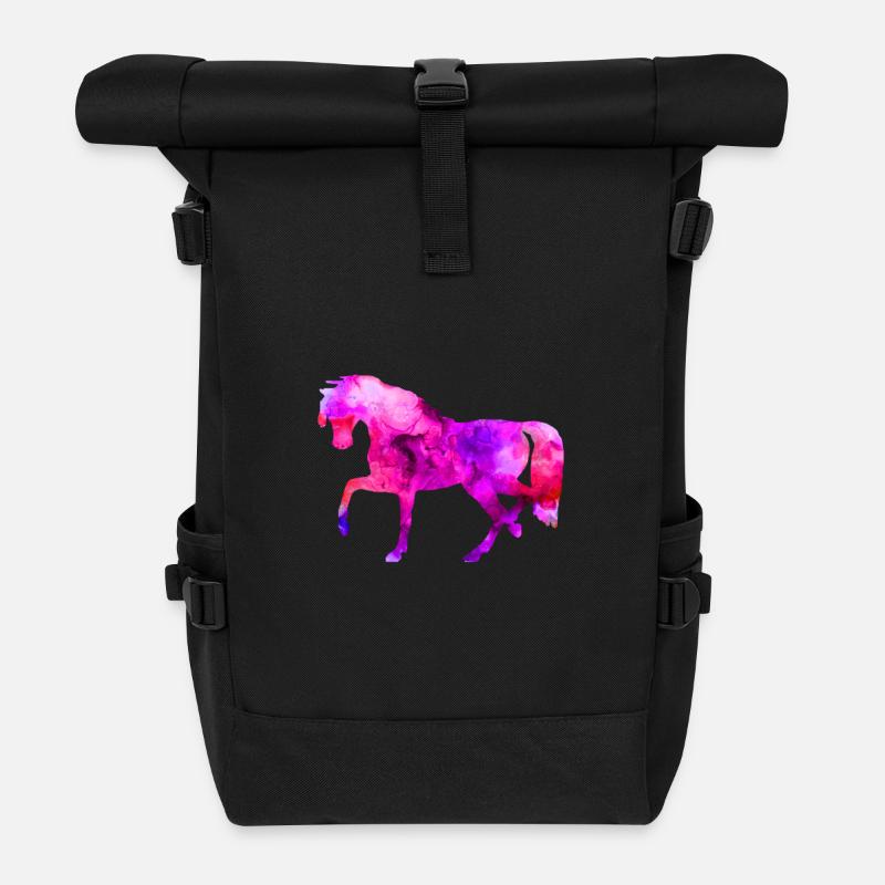 Horse Funny Animals Blue-Pink Watercolor Tee Shirt Kin - Roll Top Backpack - black