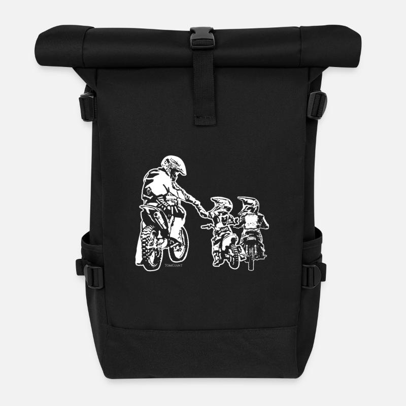 Biker Dad and Two Kids - Roll Top Backpack - black