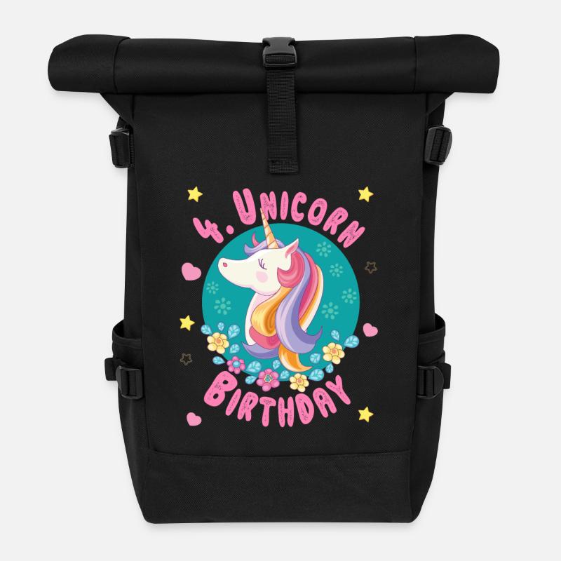 Einhorn 4. Geburtstag 4 Jahre - Einhorngeburtstag - Rolltop Rucksack - Schwarz
