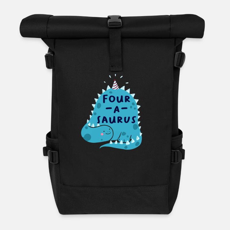 4th Birthday Birthday Boy Dinosaur Four - Roll Top Backpack - black