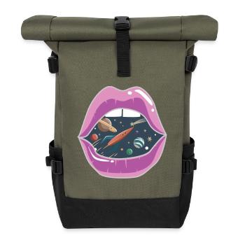 Pink lips / space - Roll Top Backpack - olive/black - Front