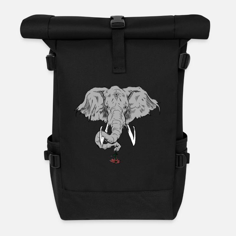 Éléphant avec trois yeux et fleur - Sac à dos roll top - noir