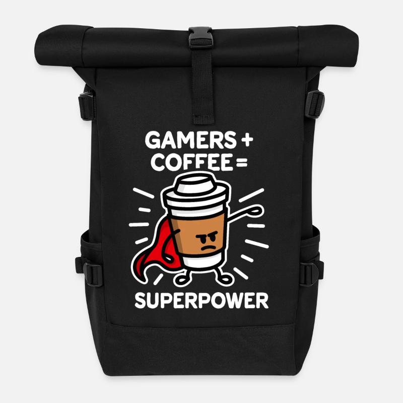 Gamers + café = superpuissance - super héros - héros - Sac à dos roll top - noir