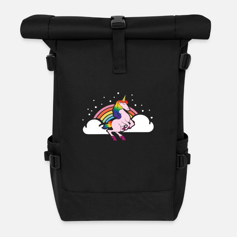 Unicorn unicorn in the clouds with rainbow - Roll Top Backpack - black