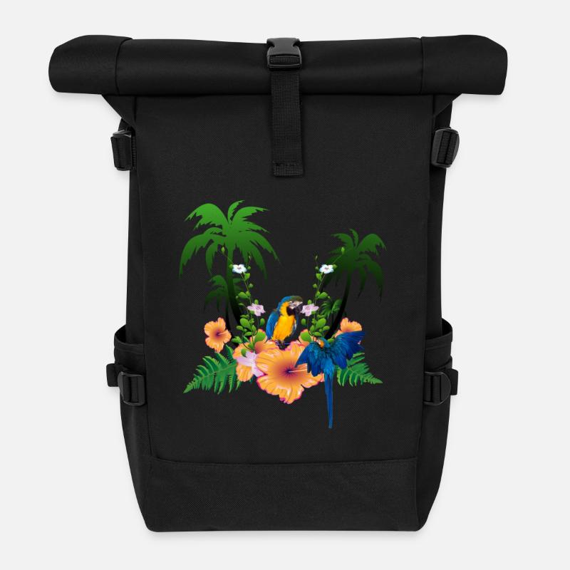 Tropisches Design mit Palmen und Papagei. - Rolltop Rucksack - Schwarz