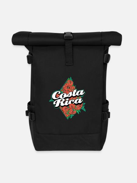 Tropical Costa Rica Floral Print - Roll Top Backpack - black