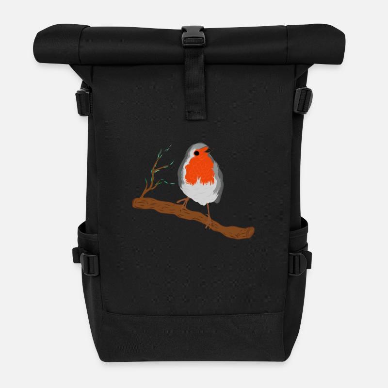 Rotkehlchen mit Prächtigen Federkleid auf Ast - Rolltop Rucksack - Schwarz