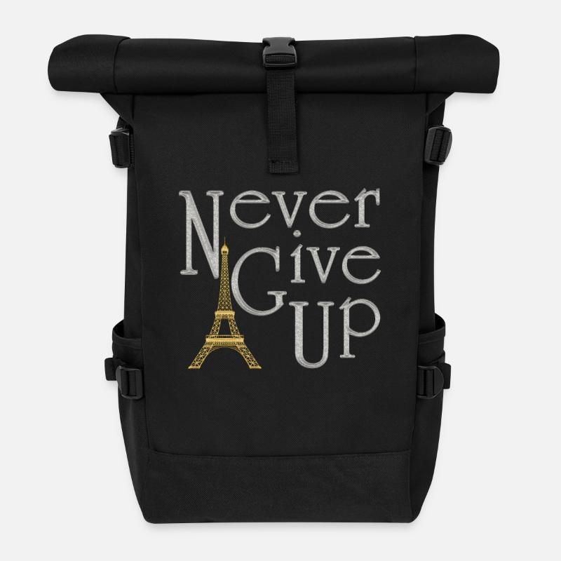 NEVER GIVE UP Argenté tour Eiffel Or - Sac à dos roll top - noir
