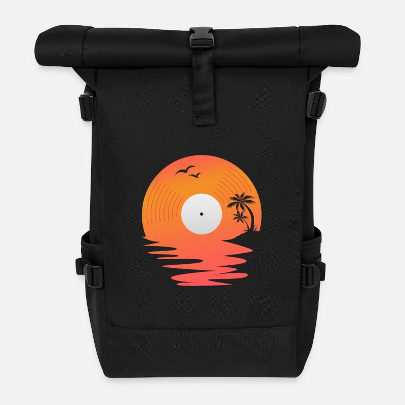 Vinyl Record Retro Sea Sunset DJ Gift - Roll Top Backpack - black